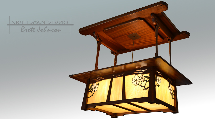 La Jolla Chandelier — handcrafted Greene and Greene chandelier in mahogany with ebony accents and stained-glass panels.