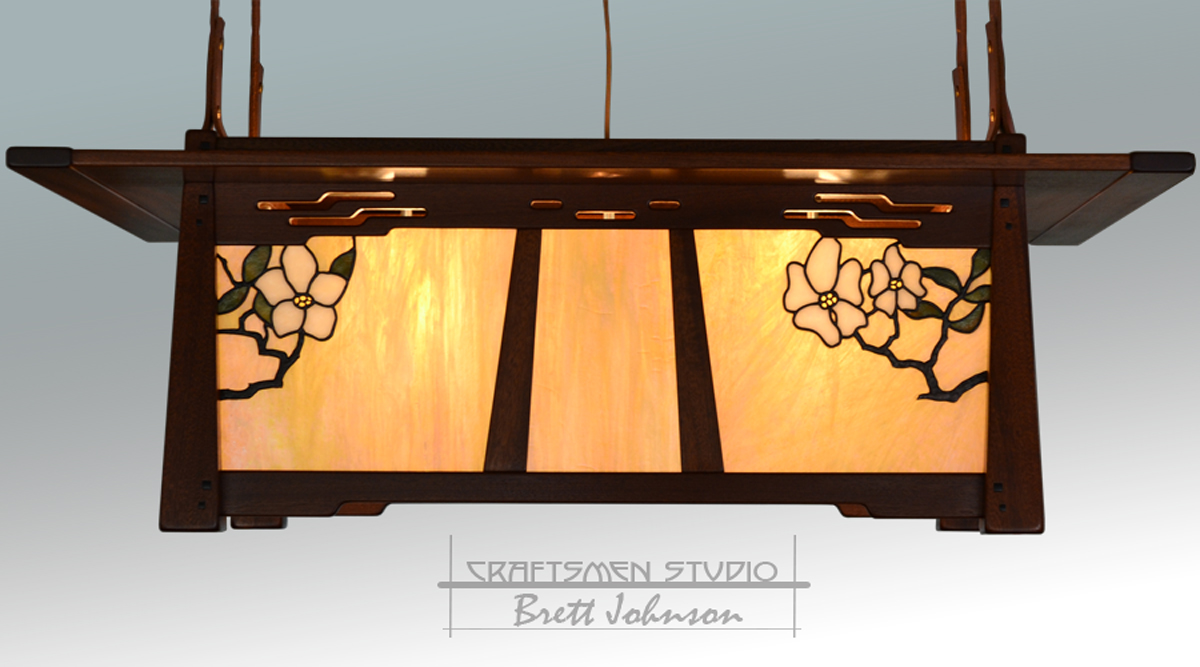 La Jolla Chandelier with genuine ebony inlays and iridescent stained glass, handcrafted by Craftsmen Studio.