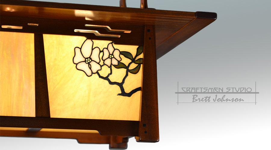 Greene and Greene inspired La Jolla chandelier with mahogany frame and copper-foil stained glass.