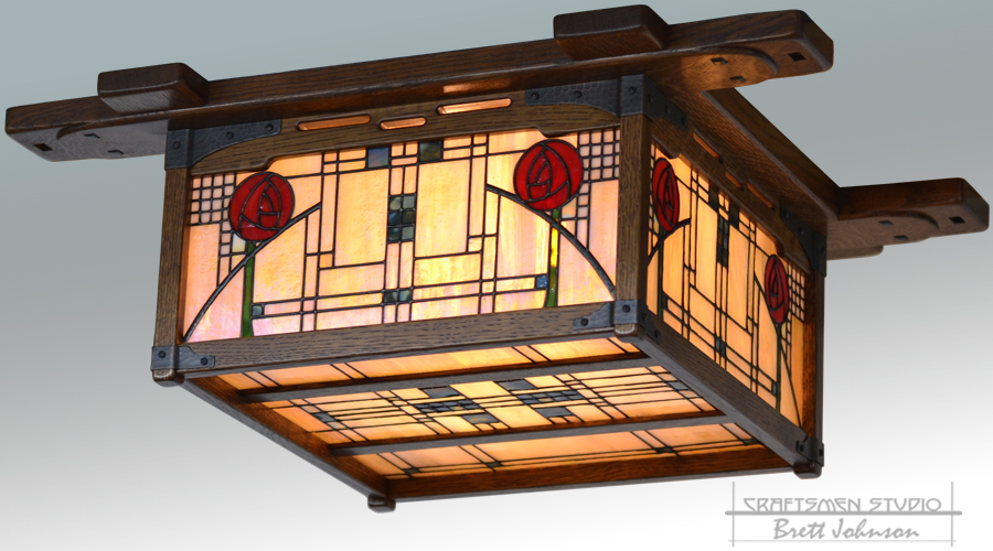 Ceiling fixture inspire by the work of Charles Rennie Machintosh. Handcrafted From Craftsmen Studio.