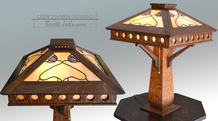 Arts and Crafts Wood Table Lamp with Stained glass panes from Craftsmen Studio.