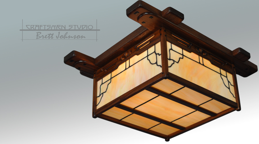 San Mateo ceiling fixture, Greene & Greene style handcrafted with mahogany and stained glass